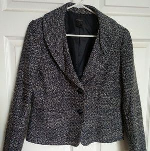 Boucle blue white short jacket, wide lapel